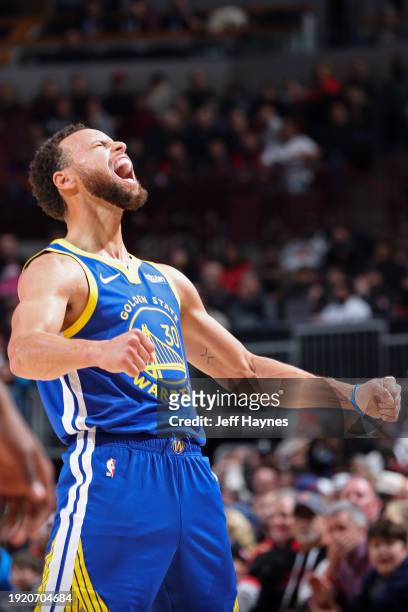 Stephen Curry of the Golden State Warriors celebrates during the game against the Chicago Bulls on January 12, 2024 at United Center in Chicago,...