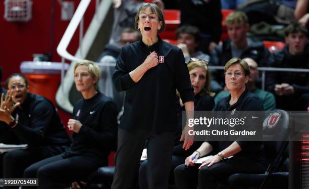 Tara VanDerveer head coach of the Stanford Cardinal calls in a play during the second half of their game against the Utah Utes at the Jon M Huntsman...