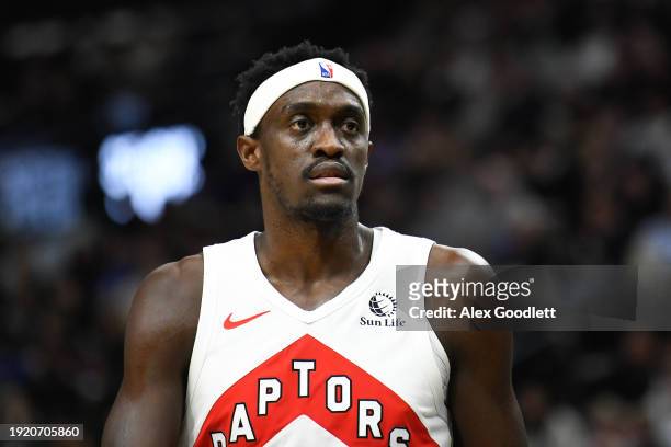 Pascal Siakam of the Toronto Raptors looks on during the first half of a game against the Utah Jazz at Delta Center on January 12, 2024 in Salt Lake...