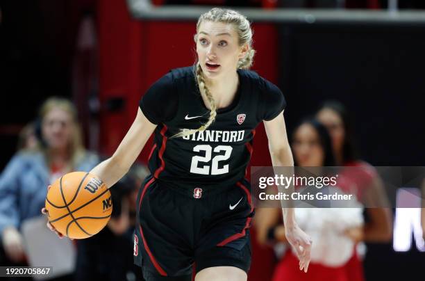 Cameron Brink of the Stanford Cardinal brings the ball up the court during the first half of their game against the Utah Utes at the Jon M Huntsman...
