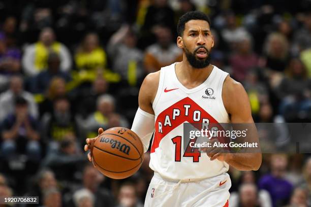 Garrett Temple of the Toronto Raptors in action during the first second of a game against the Utah Jazz at Delta Center on January 12, 2024 in Salt...