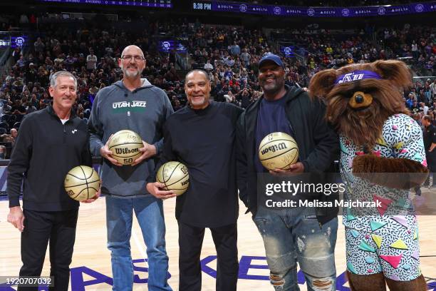 The Utah Jazz honor 1990s alums Greg Ostertag, Jeff Hornacek, Byron Russel, and Jeff Malone during 90s night against the Denver Nuggets on January...