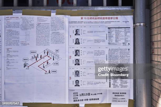 List of the candidates for Presidential election outside a polling station in the Wanhua district of Taipei, Taiwan, on Saturday, Jan. 13, 2024....