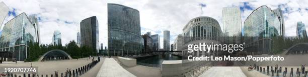 Deserted Canary Wharf in London, from a series of panoramic digitally composed images to illustrate the empty streets in this major City during the...