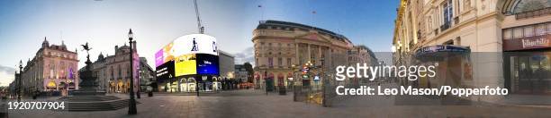 Twilight in London as the sun sets over Piccadilly Circus, from a series of panoramic digitally composed images to illustrate the empty streets in...