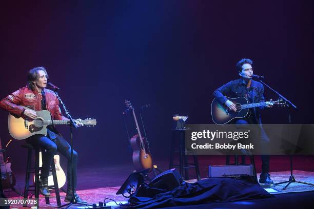Rick Springfield and Richard Marx perform during 'An Acoustic Evening Together' at St. George Theatre on January 12, 2024 in New York City.