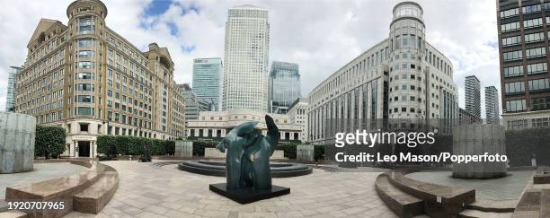 Deserted Canary Wharf in London, from a series of panoramic digitally composed images to illustrate the empty streets in this major City during the...