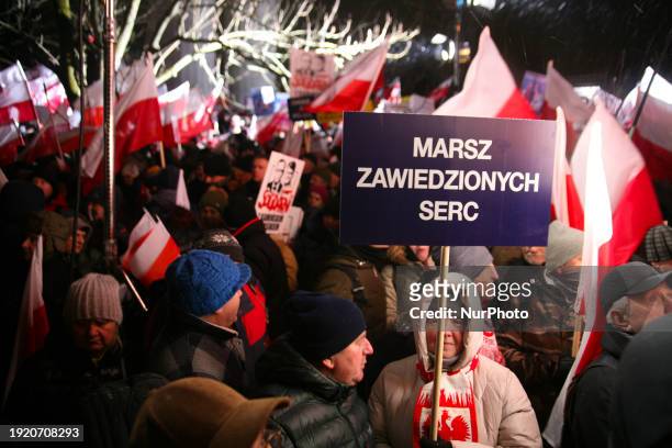 Protesters from the Law and Justice party are demonstrating in front of the Polish Parliament in Warsaw, Poland, on January 11, 2024. The new...