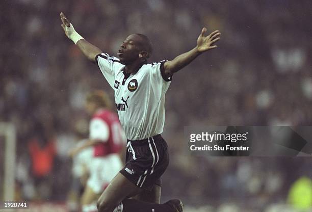 Paulo Wanchope of Derby County celebrates a goal during the FA Carling Premiership match against Arsenal at Pride Park in Derby, England. Derby...