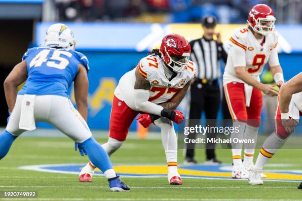 Lucas Niang of the Kansas City Chiefs lines up during an NFL football game between the Los Angeles Chargers and the Kansas City Chiefs at SoFi...