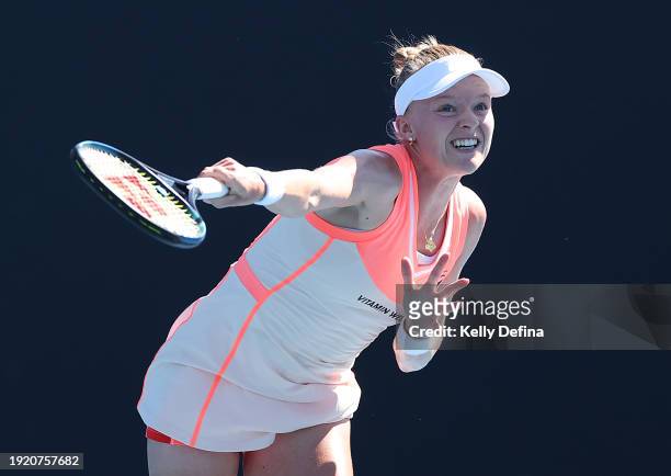 Harriet Dart of Great Britain serves in their match against Nuria Brancaccio of Italy ahead of the 2024 Australian Open at Melbourne Park on January...