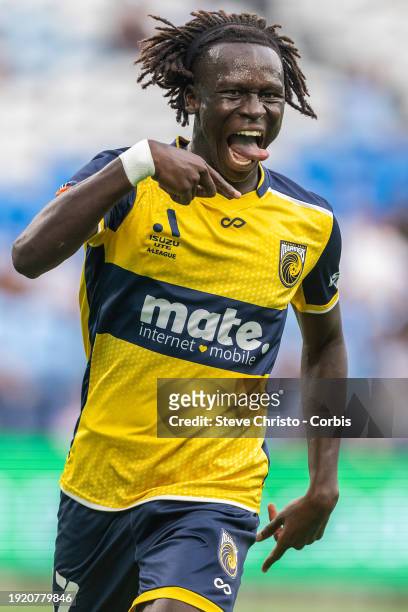 Jing Reec of the Mariners reacts to scoring the equaliser during the A-League Men round 12 match between Central Coast Mariners and Melbourne Victory...