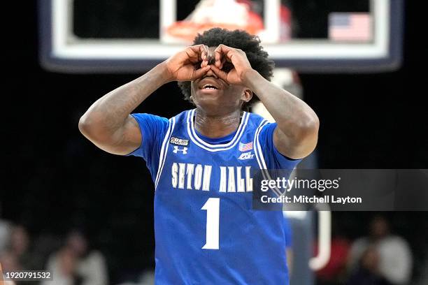 Kadary Richmond of the Seton Hall Pirates celebrates a shot in the first halfagainst the Georgetown Hoyas at the Capital One Arena on January 9, 2024...