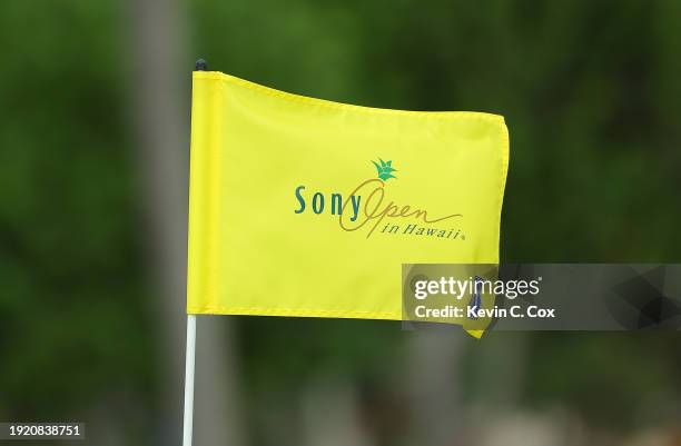 Detailed view of the flag on the 13th green during a practice round prior to the Sony Open in Hawaii at Waialae Country Club on January 09, 2024 in...