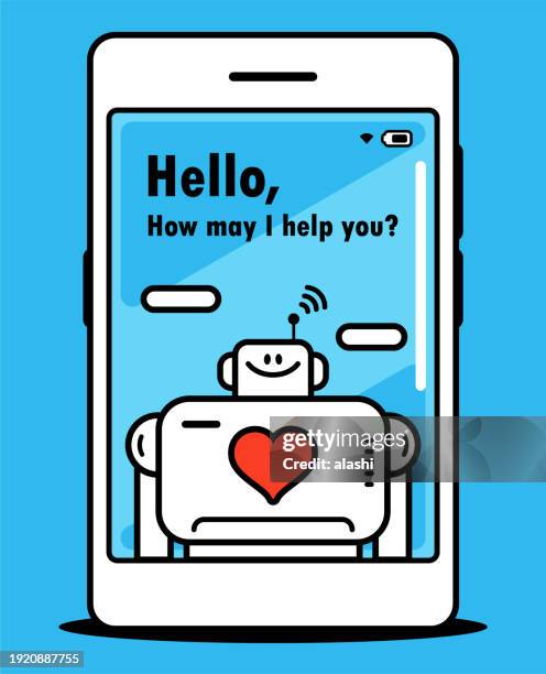 an ai chatbot assistant with a love heart sign interacts conversationally on a smartphone screen, heartfelt conversations: your ai chat companion - personalized medicine stock illustrations