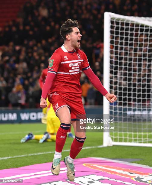 Middlesbrough player Hayden Hackney celebrates after scoring the first goal during the Carabao Cup Semi Final First Leg match between Middlesbrough...