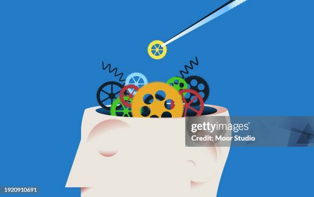 human head with clock gears vector illustration - memory loss stock illustrations