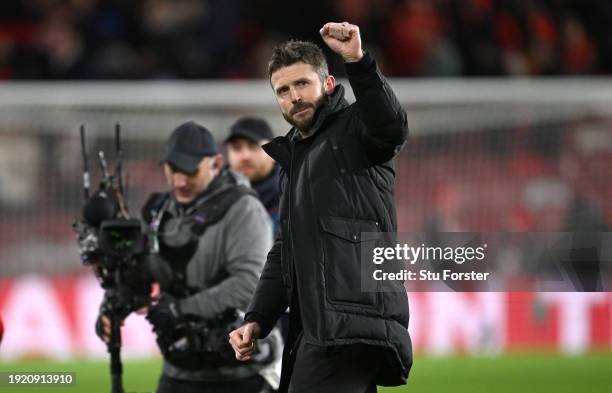 Middlesbrough head coach Michael Carrick celebrates after the Carabao Cup Semi Final First Leg match between Middlesbrough and Chelsea at Riverside...