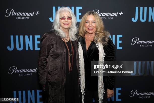 Emmylou Harris and Carlene Carter attend the Nashville premiere of "June" at Woolworth Theatre on January 09, 2024 in Nashville, Tennessee.