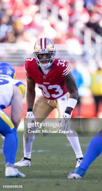 Logan Ryan of the San Francisco 49ers lines up before the snap during the game against the Los Angeles Rams at Levi's Stadium on January 7, 2024 in...