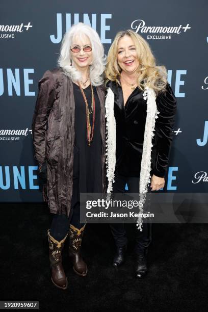 Emmylou Harris and Executive Producer, Carlene Carter attend the Nashville premiere of “JUNE: The Story of June Carter Cash” at Woolworth Theatre on...