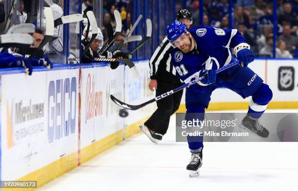 Erik Cernak of the Tampa Bay Lightning looks to pass in the second period during a game against the Los Angeles Kings at Amalie Arena on January 09,...