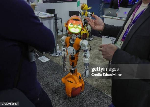 Mirokai social logistics robot by Enchanted Tools uses its AI to interact with attendees in real time during CES 2024 at The Venetian Convention &...