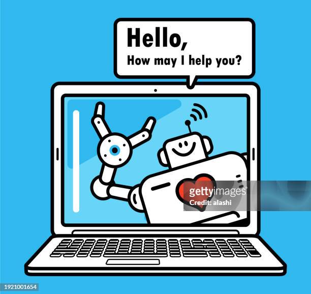 an ai chatbot assistant or an artificial intelligence robot doctor with a love heart sign greets on a laptop computer screen, heartfelt conversations: your ai chat companion - personalized medicine stock illustrations