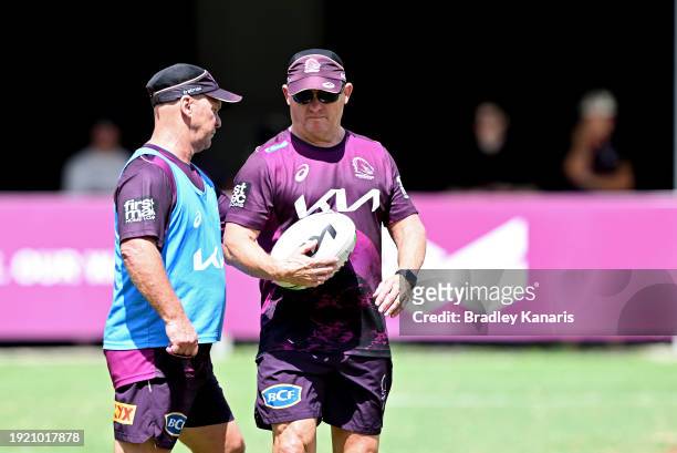 Coach Kevin Walters chats with Assistant Coach Allan Langer during a Brisbane Broncos NRL training session at Red Hill on January 10, 2024 in...