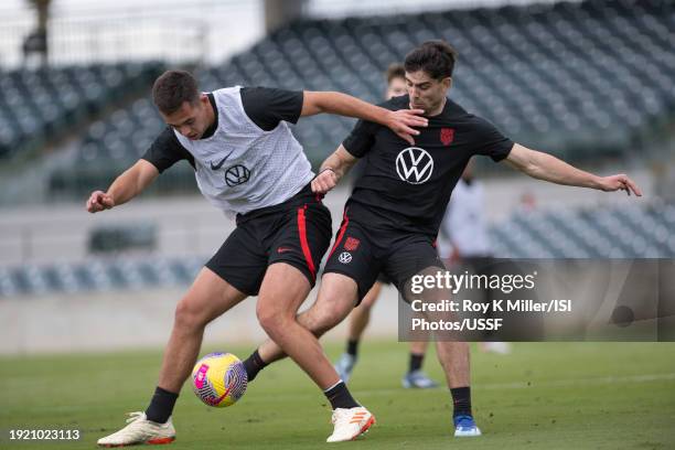 Jackson Ragen of the USMNT tries to protect the ball from Brian White during a USMNT winter camp on January 8, 2024 in Orlando, Florida.