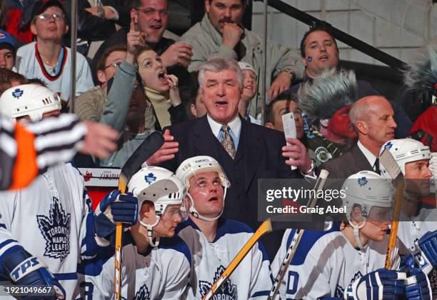 Head coach Pat Quinn of the Toronto Maple Leafs argues a call against the Ottawa Senators during NHL playoff game action on April 18, 2004 at Corel...