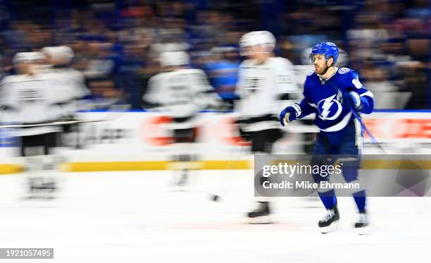 Tyler Motte of the Tampa Bay Lightning celebrates a goal in the third period during a game against the Los Angeles Kings at Amalie Arena on January...