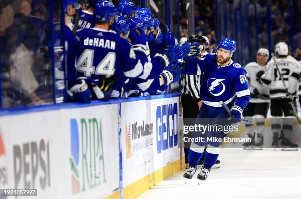 Tyler Motte of the Tampa Bay Lightning celebrates a goal in the third period during a game against the Los Angeles Kings at Amalie Arena on January...