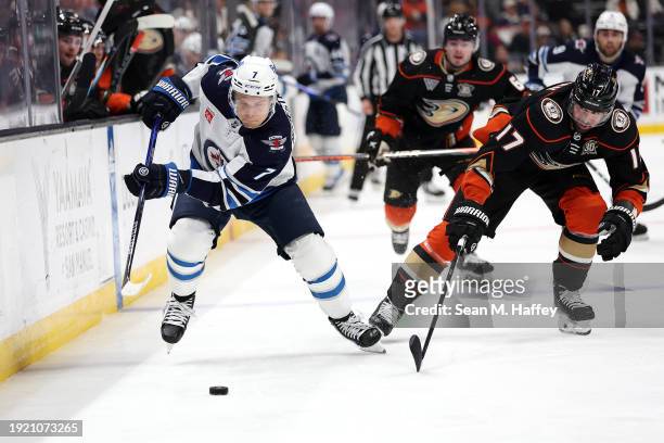 Vladislav Namestnikov of the Winnipeg Jets skates with the puck during the third period of a game against the Anaheim Ducks at Honda Center on...