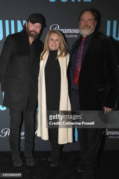 Ronnie Dunn, Janine Dunn and John Carter Cash attend the Nashville premiere of "June" at Woolworth Theatre on January 09, 2024 in Nashville,...