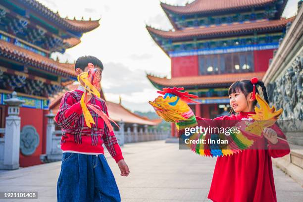 brother and sister celebrate the spring festival at qingyun zen temple in shantou  guangdong, china,celebrate the chinese spring festival. - chinese lantern festival 個照片及圖片檔