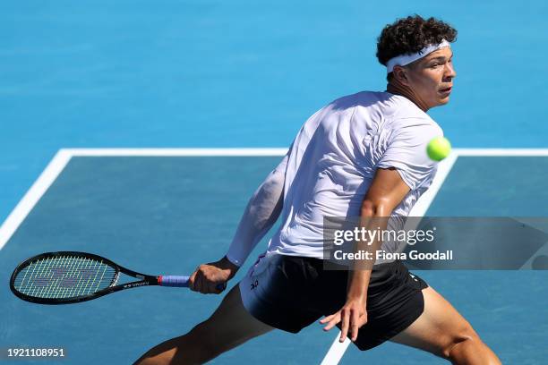 Ben Shelton of USA plays a backhand in his match against Fabian Marozsan of Hungary during the 2024 Men's ASB Classic at ASB Tennis Centre on January...