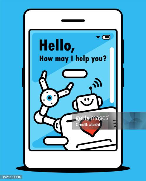 an ai chatbot assistant with a love heart sign interacts conversationally on a smartphone screen, heartfelt conversations: your ai chat companion - personalized medicine stock illustrations