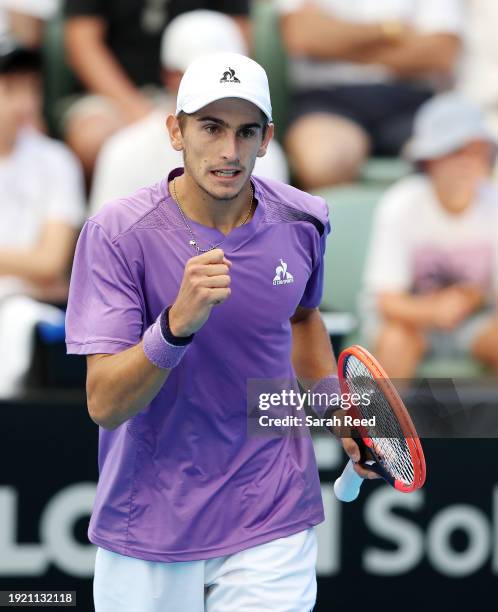 Matteo Arnaldi of Italy celebrates a point in their match against Nicolas Jarry of Chile during day three of the 2024 Adelaide International at...