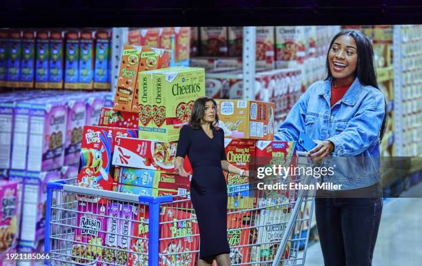 Sam's Club U.S. Executive Vice President and Chief Merchant Megan Crozier speaks during a keynote address by Walmart Inc. President and CEO Doug...