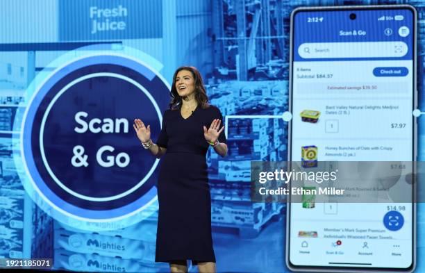Sam's Club U.S. Executive Vice President and Chief Merchant Megan Crozier speaks during a keynote address by Walmart Inc. President and CEO Doug...