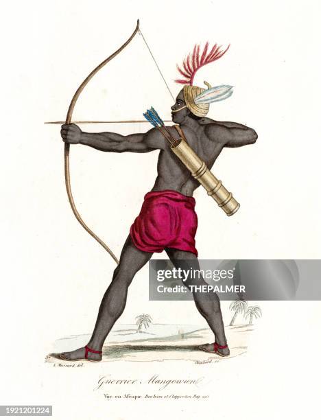 mangowien, togo - african archer - hand colored stipple engraving 1834 - african tribal pattern stock illustrations