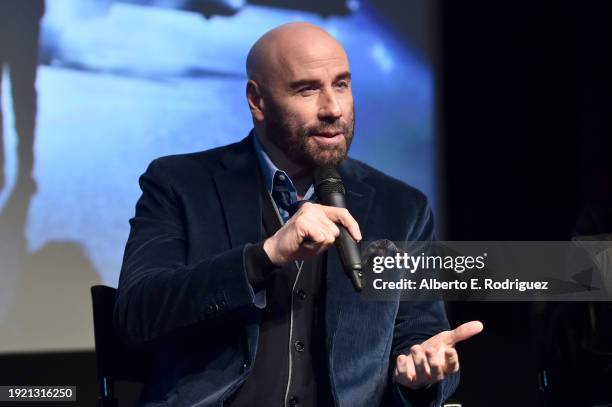 John Travolta speaks onstage during a screening of Disney+'s Original Short Film "The Shepherd" at The London West Hollywood on January 09, 2024 in...