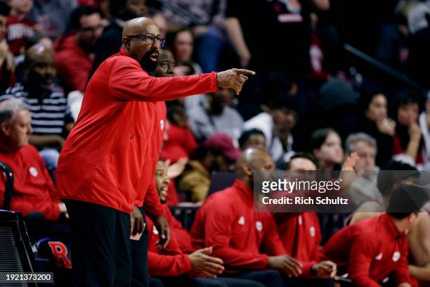 Head coach Mike Woodson of the Indiana Hoosiers gestures during the second half of a game against the Rutgers Scarlet Knights at Jersey Mike's Arena...