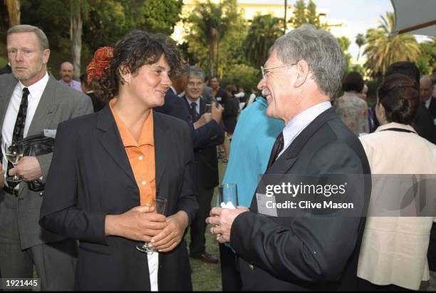 Education skipper Christine Guillou chats with a guest during the prizegiving party in Fremantle after the second leg of the Whitbread Round the...