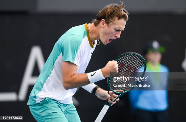 Sebastian Korda of the USA celebrates winning the set in their match against Lorenzo Sonego of Italy during day three of the 2024 Adelaide...