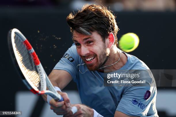 Cameron Norrie of Great Britain plays a forehand in his match against Luca Van Assche of France during the 2024 Men's ASB Classic at ASB Tennis...