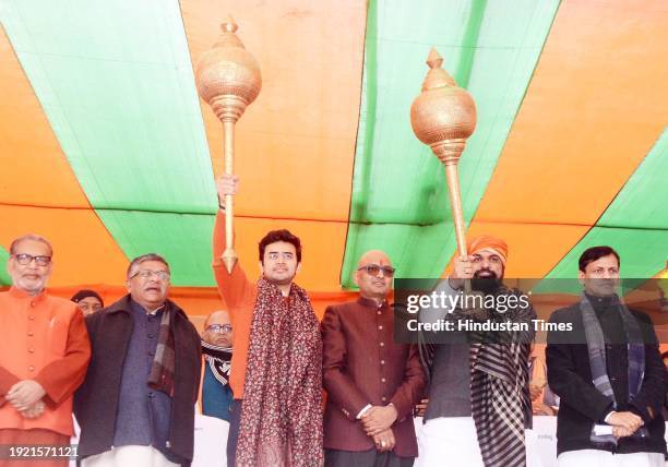 Bihar BJP president Samrat Choudhary with Bharatiya Janata Yuva Morcha national president Tejashwi Surya, Union Minister Nityanand Rai and others...