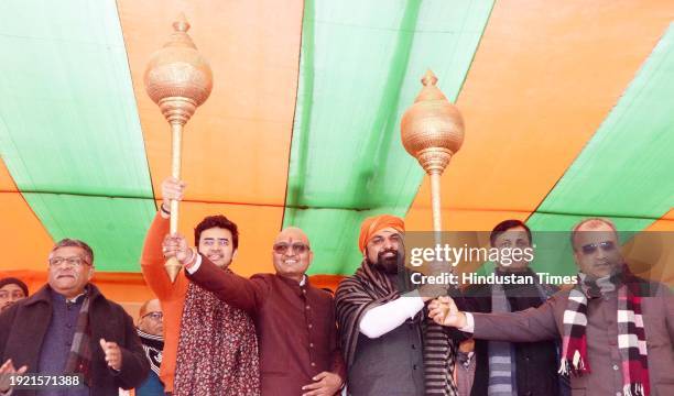 Bihar BJP president Samrat Choudhary with Bharatiya Janata Yuva Morcha national president Tejashwi Surya, Union Minister Nityanand Rai and others...