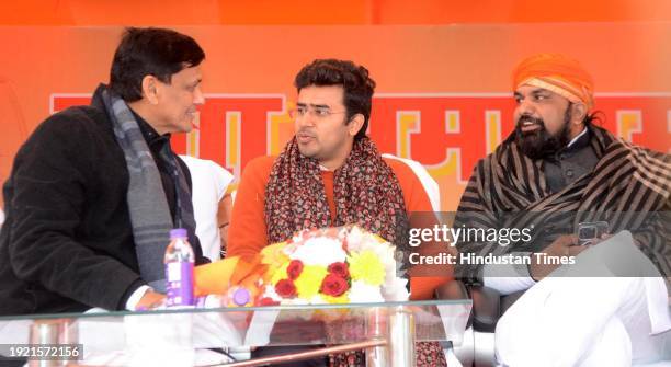 Bihar BJP president Samrat Choudhary with Bharatiya Janata Yuva Morcha national president Tejashwi Surya and Union Minister Nityanand Rai during Yuva...